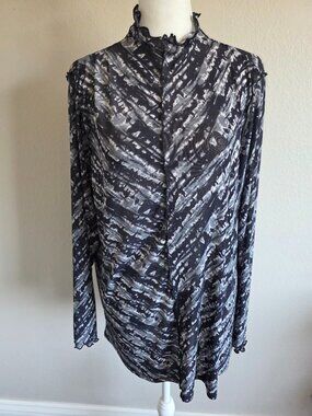 Logo Layers Lori Goldstein Top Blouse Size L Mesh Popover Black Gray Mock Neck